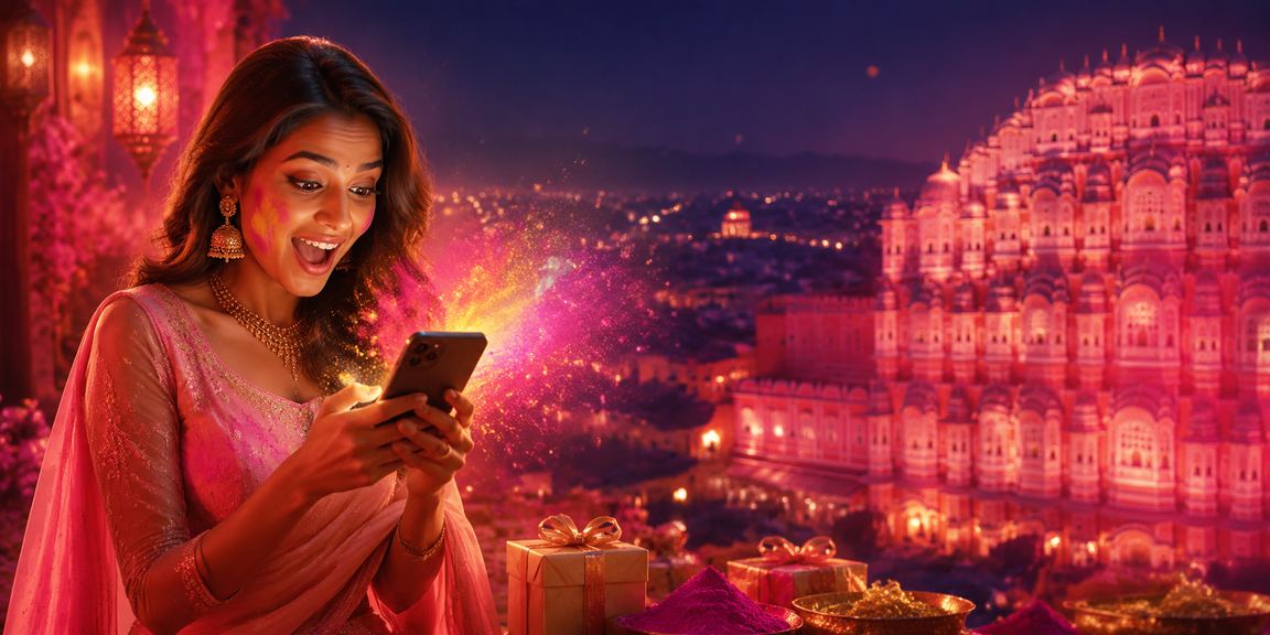 Mobile casino interface at Jaipur during Holi festival